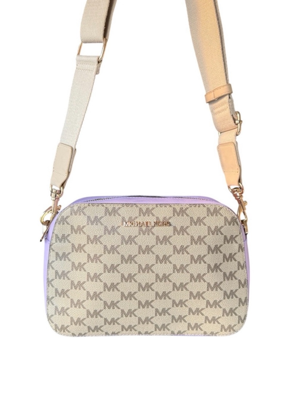 Michael Kors Cream Monogram Crossbody with Lavender Trim